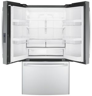 front view of the opened GE® 23.1 Cu. Ft. Fingerprint Resistant Stainless Steel Counter Depth French Door Refrigerator