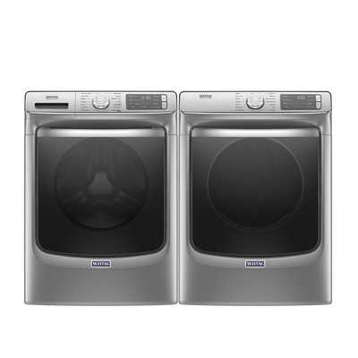 Silver Maytag front load washer and dryer