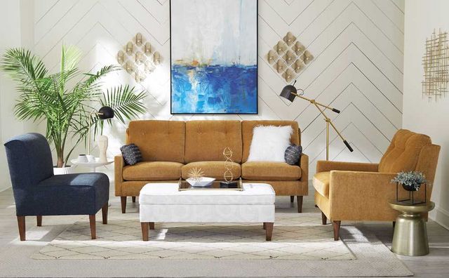 custom-sofa-header front view of a modern living room with a yellow sofa and chair, and a blue accent chair, white ottoman, and rug.