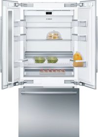 front view of an open Bosch Benchmark® Series 19.4 Cu. Ft. Stainless Steel Built In Counter Depth French Door Refrigerator