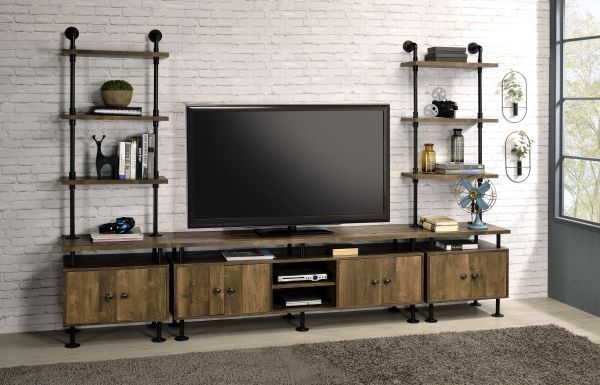 front view of a large modern industrial tv stand with wood and metal accents in front of a white wall
