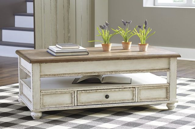 front view of a white and brown wooden farmhouse coffee table