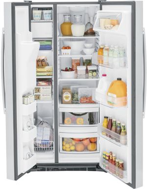 GE 33 in. 23.0 Cu. Ft. Fingerprint Resistant Stainless Steel Side-by-Side Refrigerator Doors Open