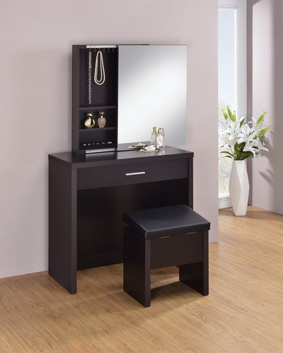 dark brown vanity with a sliding mirror and matching stool