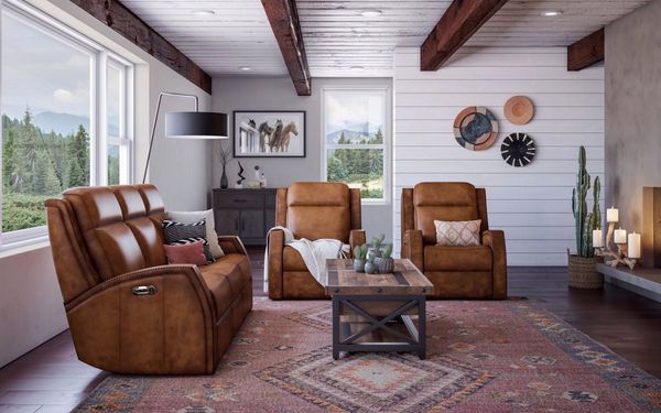 Living Room Featuring Flexsteel Mustang Brown Power Reclining Sofa with Power Headrests