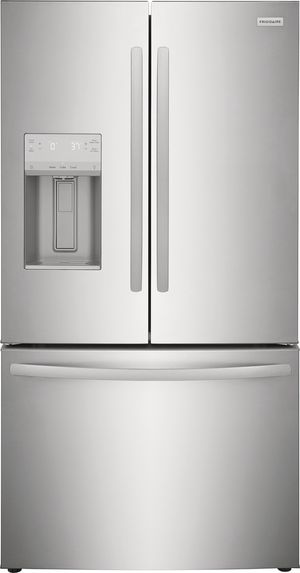 front view of the https://www.aztecappliance.com/product/frigidaire-226-cu-ft-stainless-steel-counter-depth-french-door-refrigerator-frfc2323as-892200