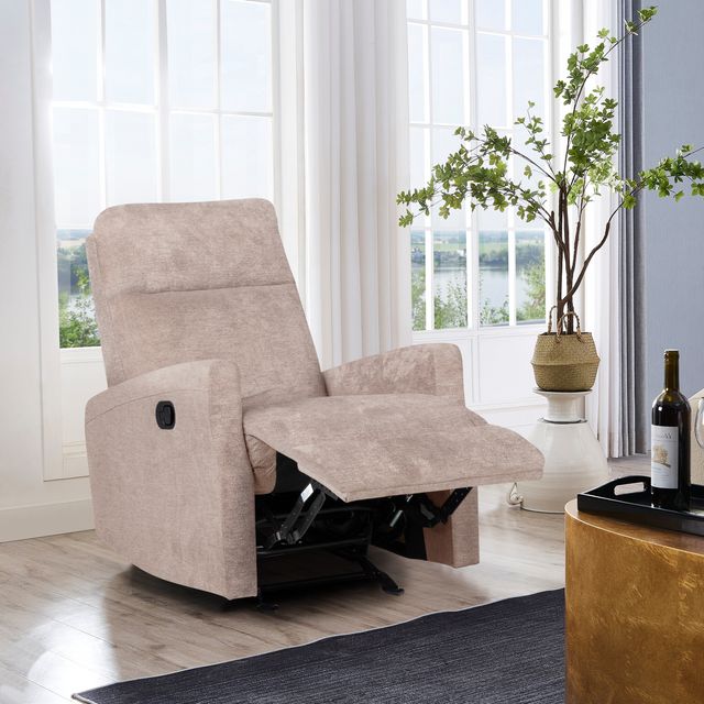 front view of a beige fabric upholstered manual recliner in a modern living room with windowed doors behind