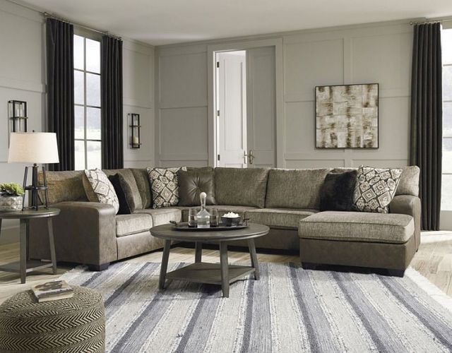 front view of a two-toned sectional in a transitional living room