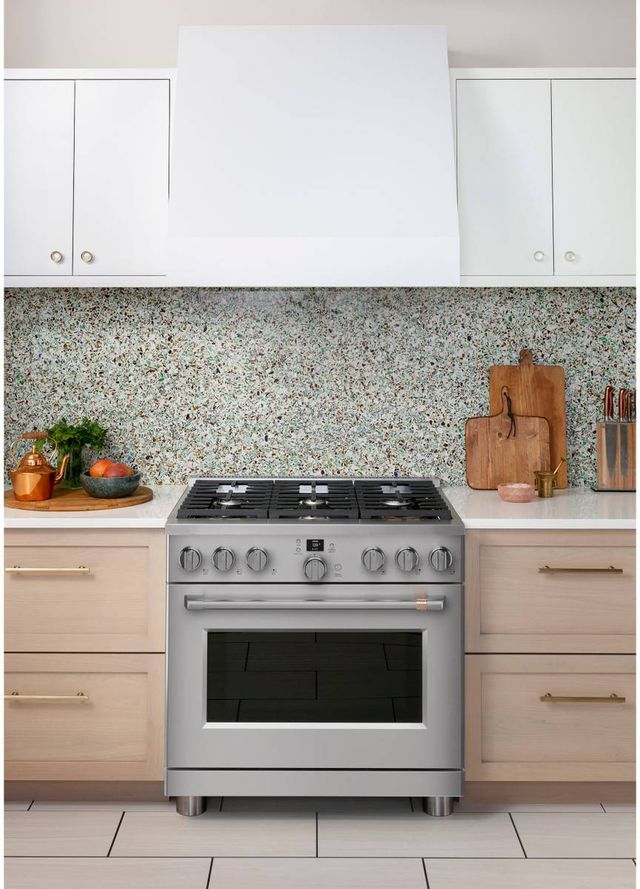Cafe dual fuel range in a kitchen