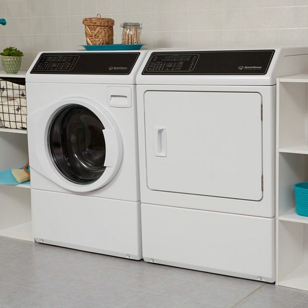 Laundry Room Featuring a Speed Queen FF7 3.5 Cu. Ft. White Front Load Washer
