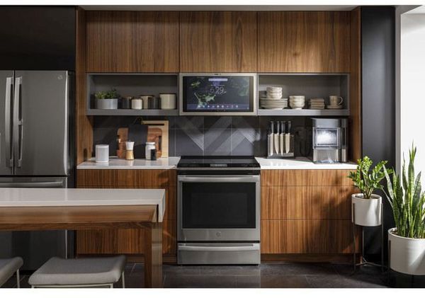 Kitchen showcasing GE Profile 30" Fingerprint Resistant Stainless Steel Slide In Induction Range