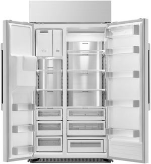 front view of the inside of an empty Dacor® 24.0 Cu. Ft. Silver Stainless Built In Counter Depth Side-by-Side Refrigerator