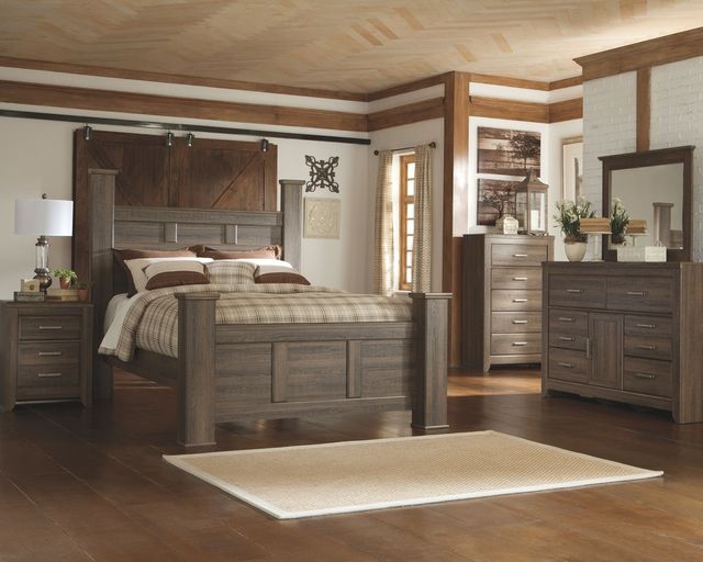 front view of a transitional poster bed and matching furniture in a transitional bedroom