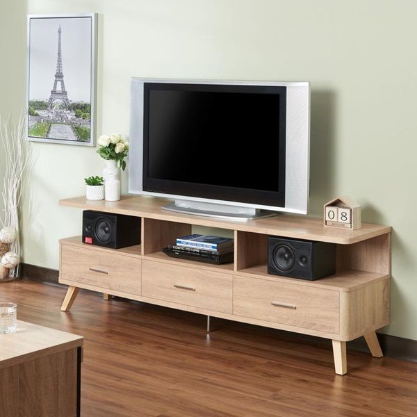 front view of a contemporary living room with a light wood contemporary tv stand with a tv off, on top, and a picture of the Eiffel Tower on the left of the TV