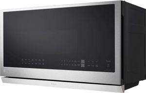 front right angled view of the LG 2.1 Cu. Ft. PrintProof™ Stainless Steel Over The Range Microwave