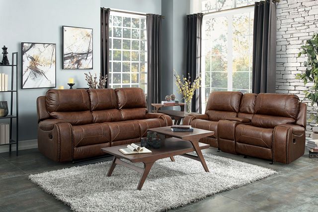 best-furntiure-store-brownsville view of a brown leather sofa and matching chair in a modern living room with light blue walls