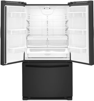 Black Whirlpool refrigerator with doors ajar