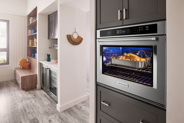 close view of a modern kitchen with a kitchenaid electric wall oven
