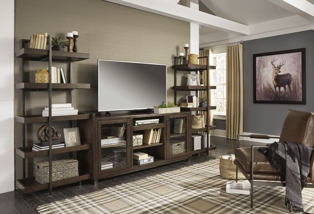 front view of a modern rustic entertainment center with shelving on both sides