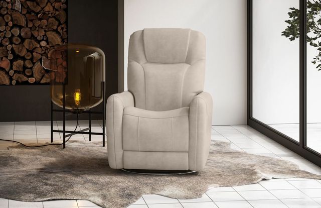 front view of a modern home with a casual light beige chair and large lamp next to it with
