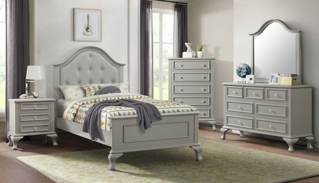 view of a traditional style kids bedroom with all marching grey furniture and yellow accents throughout
