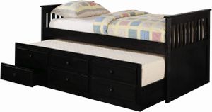 view of the Coaster® Rochford Black Youth Twin Captain's Trundle Bed, with the trundle pulled out and a drawer pulled out from the trundle