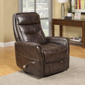 front side view of a brown recliner swivel chair in a modern corner of a living room with beige walls
