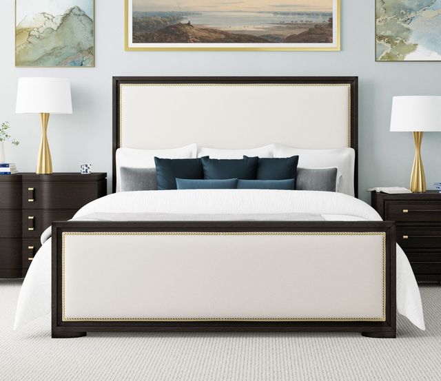 front view of a black and white king panel bed frame in a modern bedroom