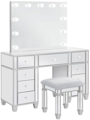 front view of the Coaster® Allora 3-Piece Grey/Metallic Vanity Set, a mirrored vanity with hollywood-style lightbulbs