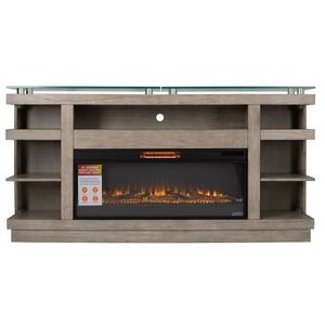 Metal and wood Celine Electric Fireplace Media Console featuring a glass accent top