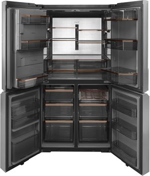 front view of an opened Café™ 27.4 Cu. Ft. Platinum Glass Smart French Door Refrigerator