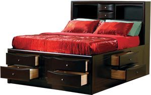 view of the Coaster® Phoenix Deep Cappuccino Queen Bookcase Bed, with a red comforter and pillows