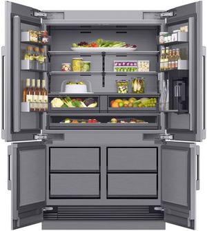 front view of an opened and partially stocked Dacor® 27.7 Cu. Ft. Panel Ready Built In Counter Depth French Door Refrigerator