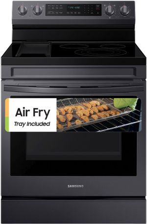 front view of the Samsung 30" Fingerprint Resistant Black Stainless Steel Smart Freestanding Electric Range