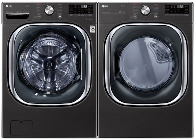 Black steel LG front load washer and dryer