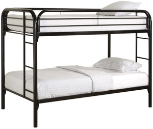 front left view of the Playhouse Twin Over Twin Bunk Bed (Black), a black metal frame bunk bed