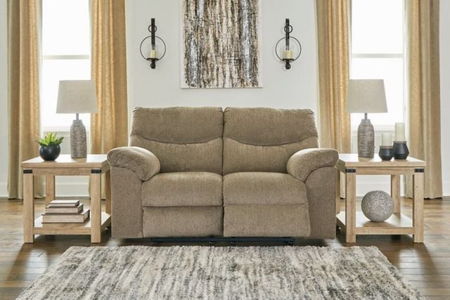front view of a modern living room with a beige recliner loveseat