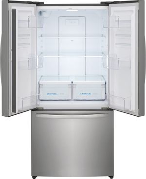 front view of an opened Frigidaire® 32 in. 17.6 Cu. Ft. Brushed Steel Counter-Depth French Door Refrigerator