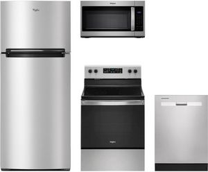 Whirlpool 4 Piece Stainless Steel Kitchen Package featuring a built in dishwasher, microwave, electric range, and a refrigerator