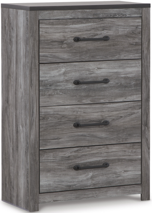 front view of a gray wash wood chest with black handles