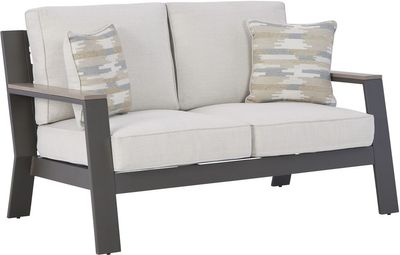 front view of the Signature Design by Ashley® Tropicava Taupe/White Outdoor Loveseat with Cushion