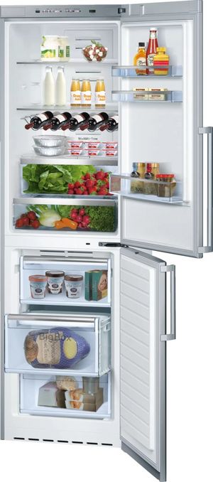 Bosch 500 Series 11.0 Cu. Ft. Stainless Steel Counter Depth Bottom Freezer Refrigerator Doors Open
