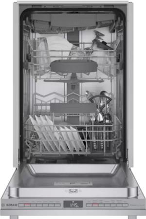 Bosch 800 Series 18” Stainless steel Built-In Dishwasher Door Open
