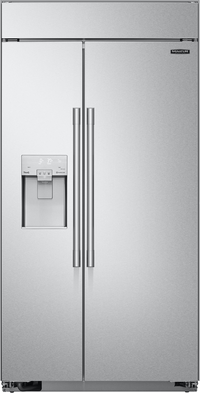 front view of the Signature Kitchen Suite 25.6 Cu. Ft. Stainless Steel Built-In Side-By-Side Refrigerator