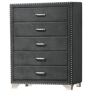 front view of the Gabbyll Chest, a dark gray tufted chest of drawers