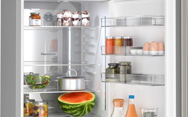 front view of the inside of a stocked bosch refrigerator