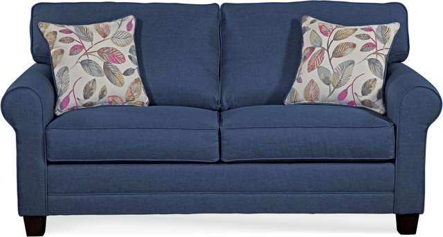 front view of blue sofa sleeper with mattress folded in and out of view