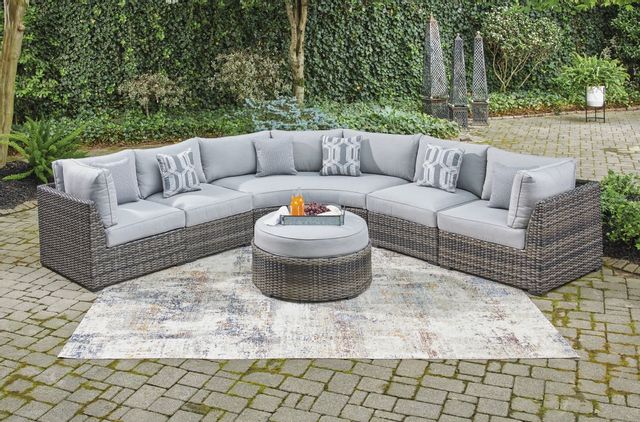 front view of a grey outdoor sectional sofa