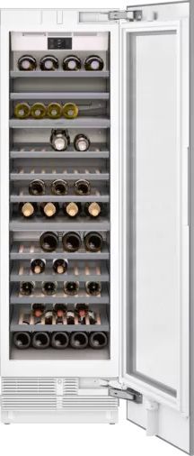 front view of an opened Gaggenau 400 Series 24" Fully Integrated with Glass Door Wine Cooler