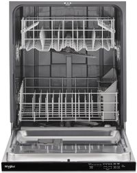 front view of the opened Whirlpool® 24" Finger Print Resistant Stainless Steel Top Control Built In Dishwasher